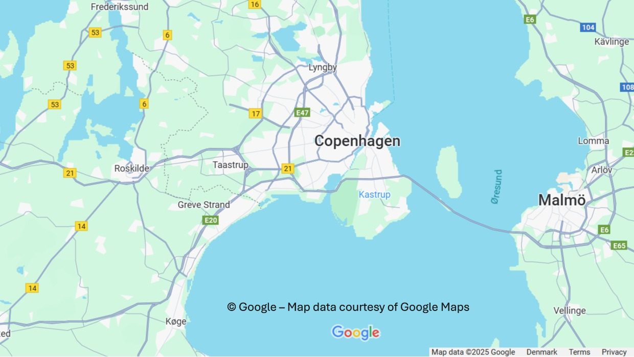 Map of Copenhagen and Malmö with major routes