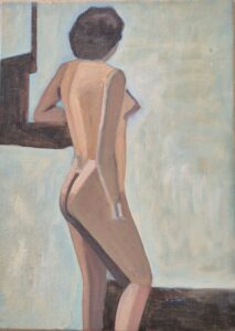 A nude figure art piece showcasing a woman in profile.